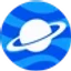 Blue planet with a ring on a circular blue background.