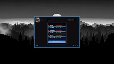 Portal table listing disk, motherboard, monitor, UUID, GPU and LAN fields with changed or unchanged badges plus a check-serials button.