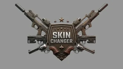 Metallic Skin Changer crest with crossed rifles, revolvers and stars on a shield emblem.